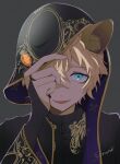  1boy absurdres animal_ears blonde_hair blue_eyes bridal_gauntlets fangs gem grey_background hand_on_own_face hand_up highres hood hood_up hyena_boy hyena_ears looking_at_viewer male_focus ruggie_bucchi scar scar_on_face short_hair smile solo sorami straight-on twisted_wonderland upper_body 