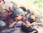  2girls animal animal_ears bed black_cat black_fur blue_dress blue_eyes blue_hair bow bowtie braid cat cat_ears cat_tail cat_teaser closed_mouth collar collared_dress collared_shirt dark_skin dress full_body green_bow green_bowtie hair_between_eyes hair_bow hair_ribbon high_heels highres izayoi_sakuya kyogoku-uru looking_at_animal looking_at_another lying maid maid_headdress multiple_girls no_headwear no_shoes no_socks on_stomach pantyhose pink_dress pointy_ears puffy_short_sleeves puffy_sleeves red_bow red_eyes red_footwear red_nails red_ribbon remilia_scarlet ribbon shirt shoes short_sleeves smile socks tail touhou twin_braids white_hair white_pantyhose white_shirt wrist_cuffs 