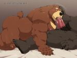 2024 anthro barazoku bear black_body black_nose blush bodily_fluids brown_body cum duo erection fellatio genital_fluids genitals hand_on_head hi_res humanoid_hands jumperbear kemono male male/male mammal musclegut nipples oral penile penis pubes sex