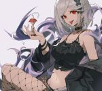  1girl alter_ego_malevolent_(granblue_fantasy) apple apple_core bare_shoulders belt black_jacket black_shirt breasts camisole chinese_commentary choker cleavage collarbone commentary_request crop_top djeeta_(granblue_fantasy) earrings fishnet_legwear fishnets food fruit granblue_fantasy grey_background grey_hair hair_ornament holding holding_food jacket jewelry kkj25 looking_at_viewer medium_breasts navel off_shoulder red_eyes shirt simple_background solo teeth tongue tongue_out upper_teeth v-shaped_eyebrows x_hair_ornament 