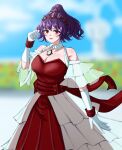  1girl alinoce716 alternate_costume blurry blurry_background commentary_request dress gloves highres looking_at_viewer parted_lips purple_hair red_dress red_eyes short_hair solo touhou white_dress white_gloves yasaka_kanako 