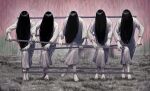  5girls barefoot clone commentary_request covered_face crossed_legs dancing dress full_body grass hair_over_face highres holding holding_pole long_sleeves multiple_girls pole sakanaction sakkan the_ring white_dress yamamura_sadako 