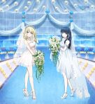 2girls angelina_kudou_shields black_hair blonde_hair blue_eyes bouquet breasts bridal_veil candle cleavage copyright_name dress drill_hair flower full_body high_heels holding holding_bouquet long_hair looking_at_viewer mahouka_koukou_no_rettousei multiple_girls official_art shiba_miyuki smile standing toes veil wedding_dress white_dress 