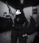 anthro armor assault_rifle belt black_body black_fur bone bottomwear brazilianflamingo bulletproof_vest canid canine canis clothed clothing digital_media_(artwork) electronics english_text explosives female fingers fur fur_tuft gloves grenade gun hair handwear headgear headphones hi_res holding_gun holding_object holding_weapon laboratory mal0 mammal military military_clothing military_pants military_uniform monster night_vision_goggles notched_ear pants pouch_(clothing) ranged_weapon rifle scope scp-1471 scp-1471-a scp_foundation signature silencer skull skull_head solo standing tactical_gear tactical_gloves tail teeth text topwear tuft uniform weapon