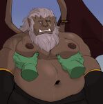 6pklion absurd_res belly big_belly clothed clothing disembodied_hand disney duo gargoyle gargoyles hair hi_res hudson_(gargoyles) humanoid long_beard male male/male mature_male membrane_(anatomy) membranous_wings moob_grab moobs navel nipples orc overweight scar topless white_hair wings