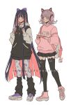  2girls alternate_costume animal_ear_headphones animal_ear_legwear animal_ears backpack bag black_hair black_skirt black_thighhighs blush bow cat_ear_headphones collarbone criis-chan danganronpa_(series) danganronpa_2:_goodbye_despair fake_animal_ears flipped_hair full_body galaga hair_bow hair_ornament handheld_game_console hands_up headphones holding holding_handheld_game_console holding_strap long_sleeves looking_at_another medium_hair miniskirt monomi_(danganronpa) multiple_girls nanami_chiaki panty_&amp;_stocking_with_garterbelt panty_(psg) pantyhose pink_eyes pink_hair pink_sweater shoes simple_background skirt smile standing sweater thighhighs white_background 