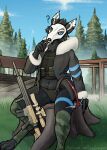 andromorph anthro armor blue_eyes body_armor canid canine canis clothing fur gun hi_res intersex jacket malcombtheteadragon mammal noble_(nobledreameater) panties ranged ranged_weapon skull_dog solo topwear underwear weapon wolf