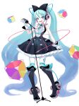  1girl :d absurdly_long_hair black_bow blue_eyes blue_hair blue_necktie blush boots bow commentary fkey full_body gloves hair_bow hatsune_miku headphones high_heel_boots high_heels highres holding holding_microphone knee_boots long_hair looking_at_viewer magical_mirai_(vocaloid) makuhari-chan microphone microphone_stand necktie open_mouth pantyhose pigeon-toed platform_footwear shirt simple_background smile solo standing standing_on_one_leg studio_microphone twintails very_long_hair vocaloid white_background white_gloves white_legwear white_shirt 