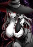  1girl breasts cleavage collarbone commission detached_sleeves dragon&#039;s_crown dress ebiblue gesugao greyscale hand_in_own_hair hand_on_own_thigh hat huge_breasts leaning_forward long_hair monochrome red_eyes signature skeb_commission solo sorceress_(dragon&#039;s_crown) spot_color twitter_username witch witch_hat 