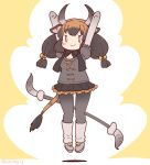 1girl animal_ears arms_up banteng_(kemono_friends) black_hair bow bowtie coroha cow_ears cow_girl cow_horns cow_tail elbow_gloves extra_ears full_body gloves horns jumping kemono_friends kemono_friends_3 long_hair looking_at_viewer pantyhose ribbon shirt shoes simple_background skirt socks solo tail twintails yellow_background 