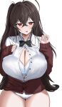  1girl absurdres ahoge azur_lane black_bow black_bowtie black_hair bow bowtie bra bra_visible_through_clothes breasts button_gap cleavage collared_shirt commission crossed_bangs hand_on_own_chest hand_up highres huge_ahoge huge_breasts jacket long_hair long_sleeves looking_at_viewer no_pants official_alternate_costume one_side_up panties partially_unbuttoned pixiv_commission red_eyes red_jacket school_uniform shirt taihou_(azur_lane) taihou_(sweet_time_after_school)_(azur_lane) tongtangtong tongue tongue_out underwear uniform white_background white_bra white_panties white_shirt 