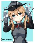  1girl ame-rain blue_eyes breasts brown_hair gloves hands_up hat heart highres kantai_collection looking_at_viewer prinz_eugen_(kancolle) simple_background smile solo twintails twitter_username upper_body white_gloves 
