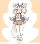  1girl animal_ears arms_up coroha eastern_wolf_(kemono_friends) extra_ears full_body gloves grey_hair jacket jumping kemono_friends kemono_friends_3 looking_at_viewer necktie pantyhose pink_background shirt shoes short_hair simple_background skirt solo tail wolf_ears wolf_girl wolf_tail 