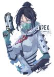  1girl apex_legends aya_roushi b3_wingman bangs black_hair blue_eyes bodysuit breasts cable copyright_name gun hair_behind_ear hair_bun handgun highres holding holding_gun holding_weapon logo looking_at_viewer mask medium_breasts mouth_mask official_alternate_costume open_hand parted_bangs quarantine_722_wraith revolver solo upper_body weapon white_background white_bodysuit wraith_(apex_legends) 