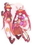  1boy 1girl animal_ears black_gloves black_headwear boots bow bowtie breasts brown_footwear fake_animal_ears fate/grand_order fate/grand_order_arcade fate_(series) flower full_body gloves hat long_hair midriff navel orange_eyes orange_hair pants pink_bow pink_bowtie pink_footwear ponytail rabbit_ears rama_(fate) satoimo_(3311_mi) short_sleeves simple_background sita_(fate) skirt small_breasts top_hat twintails white_background white_pants 