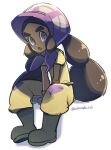  1girl :o bonnet boots bright_pupils brown_hair commentary eyelashes full_body gloves grey_gloves hapu_(pokemon) jumpsuit long_hair looking_at_viewer momoji_(lobolobo2010) open_mouth pokemon pokemon_(game) pokemon_sm purple_eyes purple_headwear short_sleeves sitting solo thick_eyebrows tongue twintails twitter_username white_pupils yellow_jumpsuit 