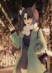  1girl absurdres alternate_costume animal_ears bag black_hair black_shirt blurry blurry_background blush breasts breath brown_skirt coat cowboy_shot green_coat green_eyes hand_in_pocket handbag highres horse_ears long_hair long_sleeves open_mouth parted_bangs photo_background satono_crown_(umamusume) scarf shironism shirt shoulder_bag side_ponytail skirt small_breasts smile solo standing umamusume waving 