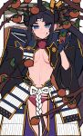  1girl absurdres armor black_hair blue_eyes blue_sky breast_curtains breasts closed_mouth detached_sleeves eating fate/grand_order fate_(series) feather_hair_ornament feathers food fruit gloves hacco_mayu hair_bun hair_ornament hat highres japanese_armor long_hair looking_at_viewer medium_breasts navel panties parted_bangs persimmon red_panties side_ponytail sidelocks single_side_bun sky smile solo underwear ushiwakamaru_(fate) very_long_hair wide_sleeves 