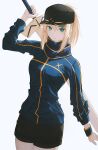  1girl artoria_pendragon_(fate) baseball_cap black_shorts blonde_hair blue_eyes blue_jacket breasts fate/grand_order fate_(series) fov_ps hair_between_eyes hat holding holding_sword holding_weapon jacket looking_at_viewer mysterious_heroine_xx_(fate) ponytail shorts solo sword weapon wristband 