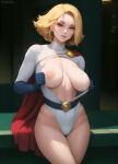  1girl blonde_hair blue_eyes blue_gloves breasts breasts_apart cape dc_comics elbow_gloves flowerxl gloves large_breasts leotard leotard_pull looking_at_viewer parted_lips power_girl pulled_by_self red_cape short_hair solo white_leotard 
