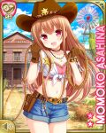  1girl asahina_momoko belt brown_gloves brown_hair brown_headwear building character_name clenched_hands cowboy_hat crop_top denim denim_shorts girlfriend_(kari) gloves hat lasso long_hair midriff navel official_art open_mouth outdoors pink_shirt pouch qp:flapper red_eyes rope sheriff_badge shirt short_shorts shorts smile solo white_shirt windmill 