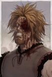  1boy absurdres anger_vein beard blonde_hair blood blood_on_clothes blood_on_face brown_eyes clenched_teeth english_commentary facial_hair grey_background highres male_focus outdoors procreate_(medium) scar solo teeth thorkell upper_body vinland_saga yomimomsg 
