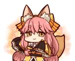  1girl animal_ear_fluff animal_ears blush chibi fate/samurai_remnant fate_(series) fox_ears fox_girl fox_tail heart japanese_clothes kimono long_hair looking_at_viewer negimayo33 pink_hair short_eyebrows simple_background sleeves_past_fingers sleeves_past_wrists smile solo tail tamamo_(fate) tamamo_aria_(fate) white_background yellow_eyes yellow_kimono 