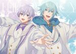  2boys aiue_o_eiua blue_background blue_eyes blue_hair blue_hoodie coat commentary_request highres hood hoodie idolish7 leaning_back light_blue_hair looking_at_viewer male_focus mezzo&quot; multiple_boys open_mouth osaka_sougo outstretched_arms purple_background purple_eyes purple_hair shirt short_hair smile spread_arms teeth two-tone_background upper_body upper_teeth_only vest white_coat white_shirt white_vest yotsuba_tamaki 