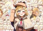  &gt;_&lt; 1girl blonde_hair blue_eyes blush brown_headwear brown_jacket brown_skirt chibi collared_shirt ddolbang deerstalker fake_facial_hair fake_mustache hair_ornament hat high-waist_skirt highres hololive hololive_english jacket looking_at_viewer monocle necktie one_eye_closed open_mouth red_necktie shirt short_hair skirt smile smol_ame solo virtual_youtuber watson_amelia watson_amelia_(1st_costume) white_shirt 