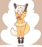  1girl animal_ears arms_up blonde_hair bow bowtie coroha elbow_gloves extra_ears fingerless_gloves full_body gloves grey_background jacket japanese_marten_(kemono_friends) jumping kemono_friends kemono_friends_3 looking_at_viewer pantyhose sailor_collar shoes short_hair simple_background skirt socks solo tail 