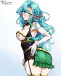  1girl aqua_hair armor ass ass_focus back bare_shoulders blush braid breasts chloe_(fire_emblem) elbow_gloves fire_emblem fire_emblem_engage garter_straps gloves green_eyes highres huge_ass large_breasts long_hair looking_at_viewer mina_cream presenting shoulder_armor side_braid smile solo thick_thighs thighs very_long_hair white_gloves 