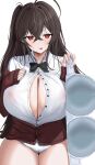  1girl absurdres ahoge azur_lane black_bow black_bowtie black_hair bow bowtie bra breasts button_gap cleavage collared_shirt covered_nipples crossed_bangs hand_on_own_chest hand_up highres holding holding_bra holding_clothes holding_underwear huge_ahoge huge_breasts jacket long_hair long_sleeves looking_at_viewer no_pants official_alternate_costume one_side_up panties partially_unbuttoned red_eyes red_jacket school_uniform shirt taihou_(azur_lane) taihou_(sweet_time_after_school)_(azur_lane) tongtangtong tongue tongue_out underwear uniform unworn_bra white_background white_bra white_panties white_shirt 