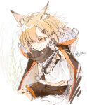  1girl aaoshigatoutoi animal_ears arknights bangs blonde_hair cloak closed_mouth fang fang_out fox_ears fox_girl hair_ornament hairclip highres hood hood_down hooded_cloak oripathy_lesion_(arknights) short_hair shorts solo tank_top vermeil_(arknights) yellow_eyes 