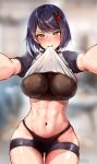  1girl abs bangs black_shorts blurry blurry_background blush breasts closed_mouth clothes_lift commentary_request eyebrows_visible_through_hair foreshortening foxyreine genshin_impact groin hair_ornament highres hip_vent kujou_sara large_breasts lifted_by_self looking_at_viewer meme mouth_hold muscular muscular_female my_little_pogchamp_(meme) navel outstretched_arms patreon_logo raglan_sleeves reaching_out shiny shiny_hair shiny_skin shirt_lift short_hair short_shorts short_sleeves shorts signature skindentation solo sports_bra steaming_body sweat swept_bangs t-back t-back_spats thighs toned watermark web_address 