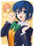  1girl adjusting_eyewear asakou_(n_morninglight) bangs black-framed_eyewear blue_eyes blue_hair blue_jacket bow bowtie buttons cardigan ciel_(tsukihime) collared_shirt commentary_request creature eyebrows_visible_through_hair glasses green_bow green_bowtie hair_between_eyes heart highres jacket long_sleeves looking_at_viewer open_clothes open_jacket open_mouth school_uniform shirt short_hair signature smile teeth tongue tsukihime tsukihime_(remake) twitter_username uniform upper_body upper_teeth white_shirt yellow_cardigan 