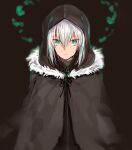  1girl aqua_eyes black_jacket cloak closed_mouth dark_background fate_(series) fur-trimmed_cloak fur_trim gray_(fate) grey_cloak hair_between_eyes hood hood_up hooded_cloak jacket looking_at_viewer lord_el-melloi_ii_case_files satoimo_(3311_mi) sidelocks simple_background sketch solo white_hair 