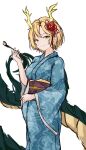  1girl absurdres alternate_costume blonde_hair blue_kimono closed_mouth dragon_tail flower hair_flower hair_ornament highres japanese_clothes kicchou_yachie kimono looking_at_viewer orchid_(orukido) sash short_hair smile smoking_pipe solo tail touhou yellow_eyes 