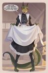  1girl apron argonian black_dress black_thighhighs bonifasko breasts colored_sclera dress english_text full_body furry furry_female highres horns indoors large_breasts lifts-her-tail looking_at_viewer open_mouth outside_border reptile_girl solo speech_bubble tail the_elder_scrolls the_elder_scrolls_v:_skyrim thighhighs white_apron yellow_sclera 