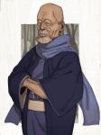 1boy bald beard blue_scarf closed_eyes facial_hair golden_kamuy highres japanese_clothes kimono male_focus mustache nagakura_shinpachi_(golden_kamuy) old old_man scarf solo standing wide_sleeves yomimomsg 