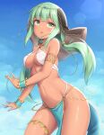  1girl armlet bare_shoulders bracelet breasts cleavage contrapposto cowboy_shot dancer dark-skinned_female dark_skin day floating_hair green_eyes green_hair haura_(sasaame) highres jewelry long_hair looking_at_viewer low_twintails medium_breasts navel original outdoors parted_lips pelvic_curtain revealing_clothes sasaame sky solo standing stomach thighlet thighs twintails veil 