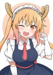  1girl blonde_hair blue_dress breasts chinese_zodiac dragon_girl dragon_horns dress elbow_gloves gloves highres horns kobayashi-san_chi_no_maidragon long_hair looking_at_viewer mikoscrub necktie one_eye_closed orange_eyes pinching_gesture red_necktie shirt solo tohru_(maidragon) white_background white_gloves white_shirt year_of_the_dragon 