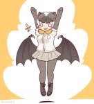  1girl animal_ears arms_up banana bat_ears bat_girl bat_wings boots coroha daito_fruit_bat_(kemono_friends) elbow_gloves extra_ears food fruit full_body gloves grey_hair jacket jumping kemono_friends kemono_friends_3 looking_at_viewer pantyhose scarf short_hair simple_background skirt solo wings yellow_background 