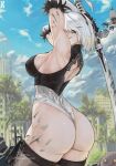  1girl 2b_(nier:automata) armpits arms_up artist_name ass ass_focus black_gloves black_hairband black_leotard black_thighhighs blue_eyes blue_sky breasts building day elbow_gloves fur-trimmed_gloves fur_trim gloves hairband highres holding holding_sword holding_weapon howxen large_breasts leotard looking_at_viewer nier:automata nier_(series) outdoors patreon_username short_hair signature sky solo sword thighhighs tree two-tone_gloves two-tone_leotard weapon web_address white_gloves white_hair white_leotard 