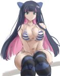  1girl bangs bare_shoulders between_legs bikini black_hair blue_bow blunt_bangs bow breasts cleavage collarbone colored_inner_hair commentary hair_bow hand_between_legs highres huge_breasts long_hair looking_at_viewer multicolored_hair navel panty_&amp;_stocking_with_garterbelt rakeemspoon sideboob simple_background sitting sketch smile solo stocking_(psg) striped striped_bikini striped_legwear swimsuit thick_thighs thighhighs thighs two-tone_hair underwear white_background 