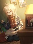  1girl acoustic_guitar blue_sweater box cheychan english_commentary gift gift_box girls&#039;_frontline grey_hair guitar hair_between_eyes highres ikea_shark instrument jewelry lamp looking_at_viewer m200_(girls&#039;_frontline) photo_(object) pillow print_sweater purple_eyes red_scarf ring scarf sidelocks sitting solo stuffed_animal stuffed_shark stuffed_toy sweater v wedding_ring wooden_floor 
