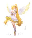  1girl absurdres artist_request bare_legs bare_shoulders blonde_hair breasts closed_mouth dress earrings feathered_wings feathers fran_(summoners_war:_chronicles) full_body hair_between_eyes hands_up highres jewelry long_hair looking_to_the_side medium_breasts multicolored_wings official_art own_hands_clasped own_hands_together pointy_ears purple_nails second-party_source short_dress simple_background solo standing star_(symbol) star_earrings summoners_war:_chronicles tachi-e toeless_legwear transparent_background twintails very_long_hair white_dress white_feathers white_wings wings yellow_eyes yellow_wings 