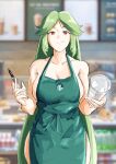  1girl apron automatic_giraffe bangs bare_shoulders barista blush breasts cleavage collarbone cup disposable_cup green_apron green_hair holding holding_cup iced_latte_with_breast_milk_(meme) jewelry kid_icarus large_breasts long_hair looking_at_viewer meme naked_apron palutena red_eyes smile solo starbucks 