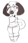 3_toes anthro bottomwear breasts burnbuckie canid canine clothed clothing curled_tail feet female fully_clothed fur hands_behind_back mammal monochrome navel simple_background smile solo standing tagme tail toes topwear white_background