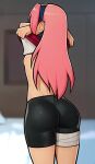  1girl ass backboob bike_shorts blurry blurry_background breasts clothes_lift forehead_protector from_behind hairband haruno_sakura highres long_hair loodncrood naruto naruto_(series) no_bra pink_hair shirt_lift shorts small_breasts solo undressing 