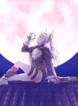  1girl dark_persona fire_emblem fire_emblem_awakening fire_emblem_heroes full_moon gloves grima_(fire_emblem) long_hair long_sleeves moon night night_sky on_rooftop open_mouth red_eyes robin_(female)_(fire_emblem) robin_(fire_emblem) shorts sky solo t_misaomaru thighs twintails white_hair 